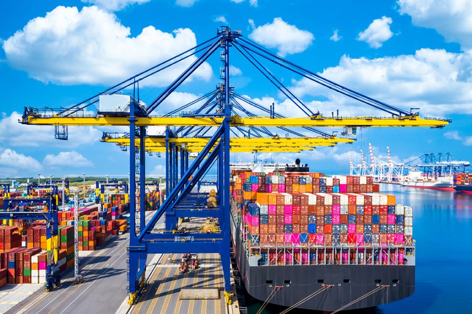 Container cargo ship at industrial port in import export global business worldwide logistic and transportation, Container ship unloading freight shipping, Aerial view container cargo vessel boat freight ship.